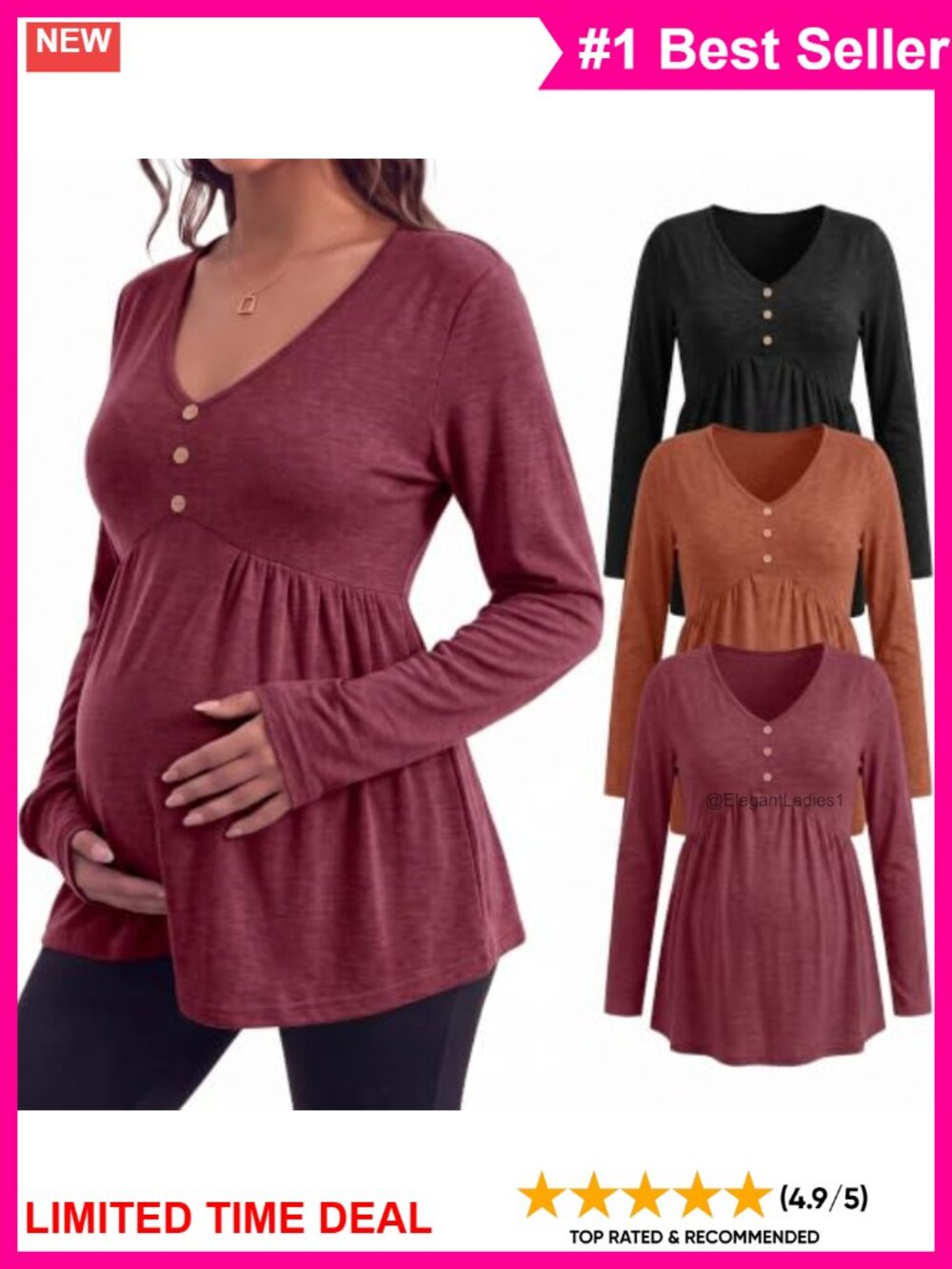 Maternity V Neck Long Sleeve Babydoll Tunic Tops 3 Pack